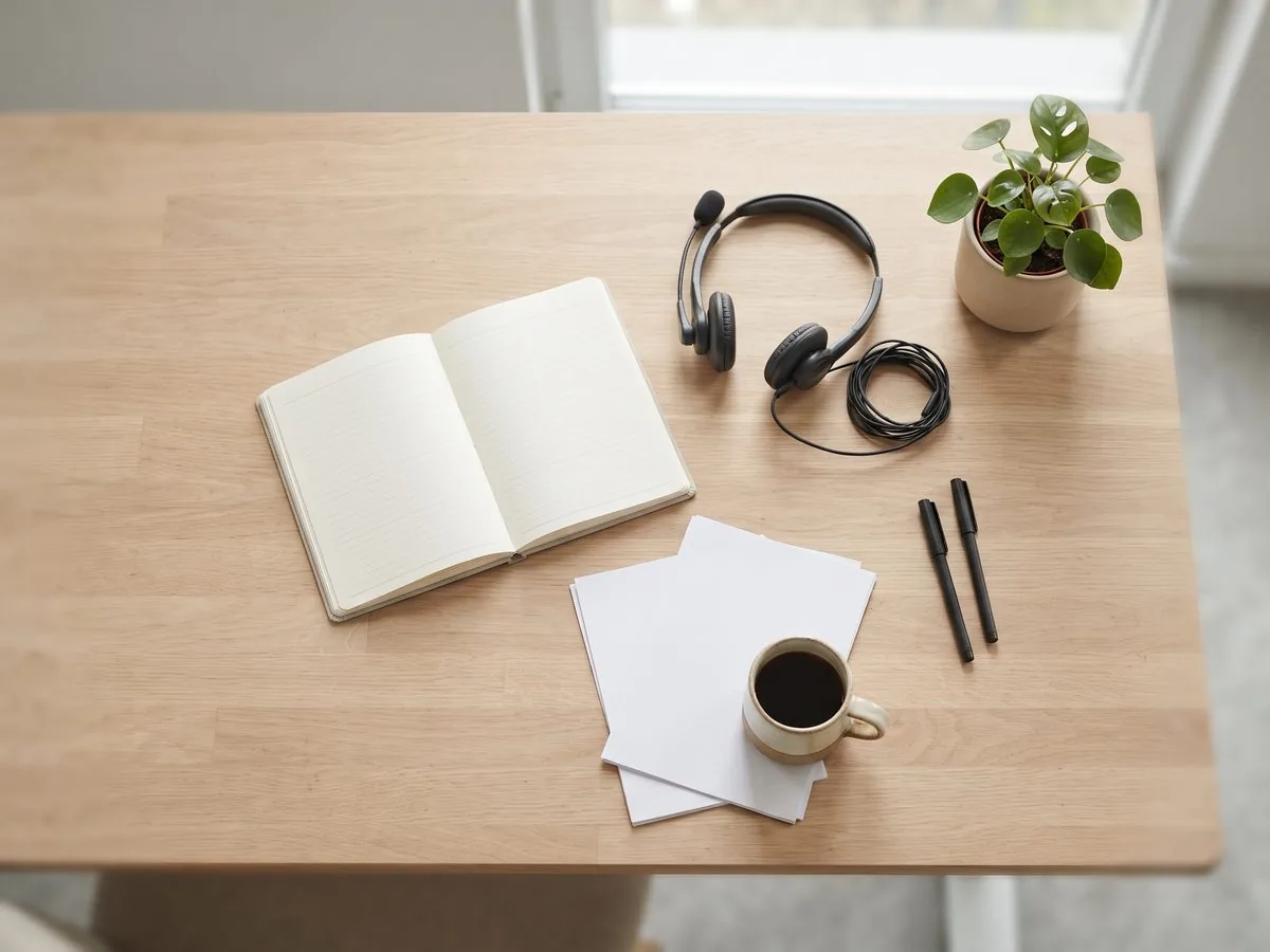 Aufsicht auf einen Schreibtisch mit offenem Wochenkalender, Headset und Kaffeetasse