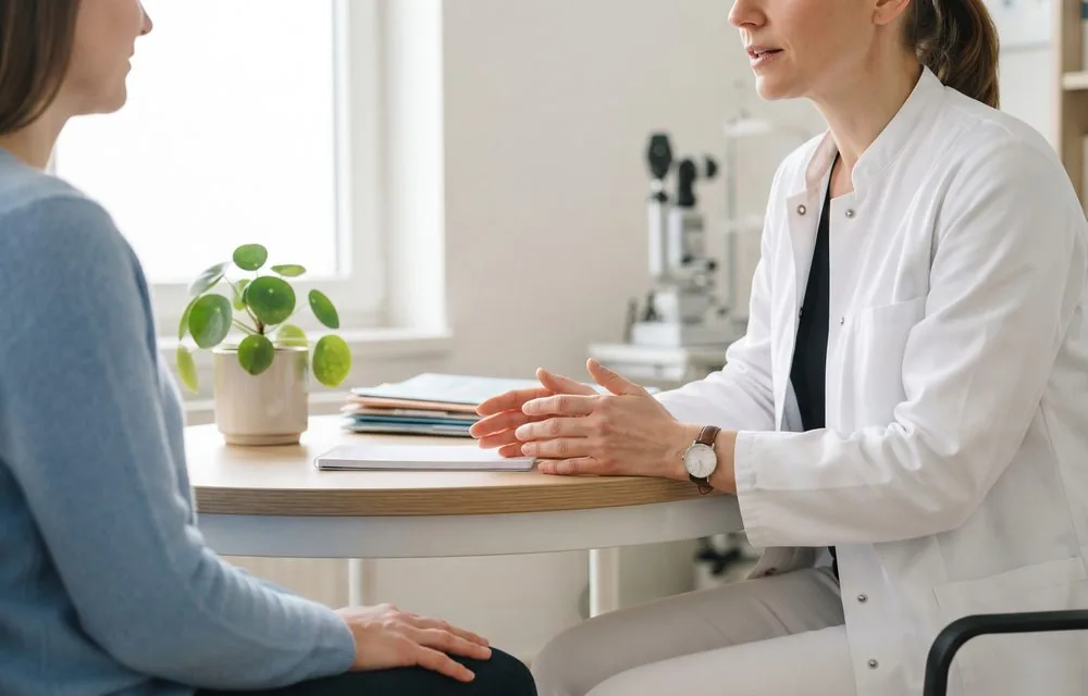 Helles Sprechzimmer, eine Ärztin wendet sich einer Patientin zu