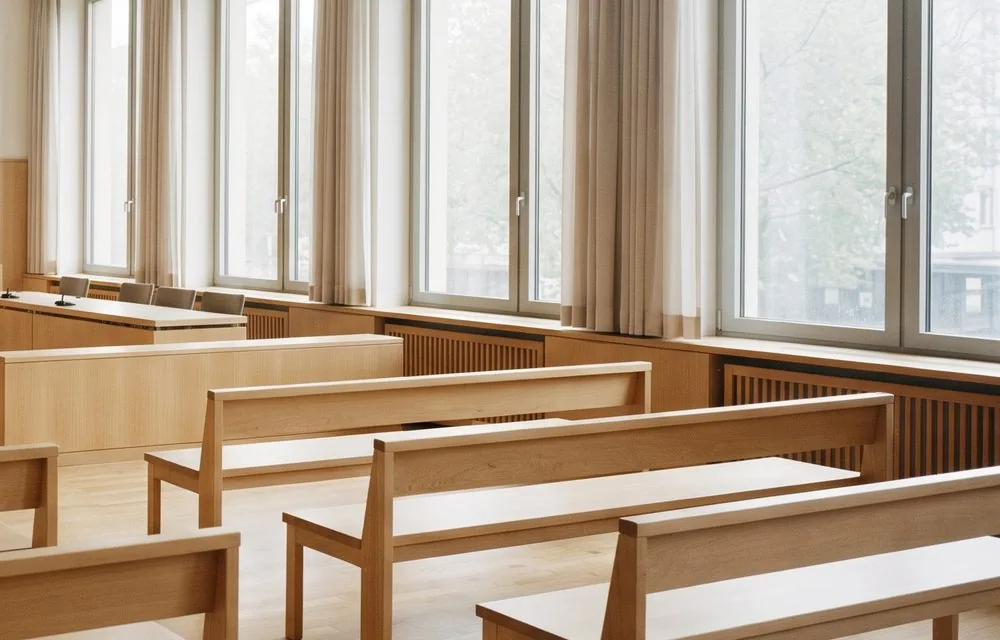 Leerer heller Verhandlungssaal von den Zuschauerbänken aus