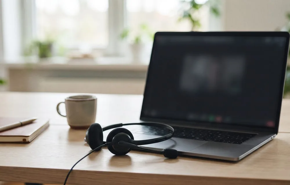 Headset und aufgeklapptes Notebook auf einem hellen Tisch