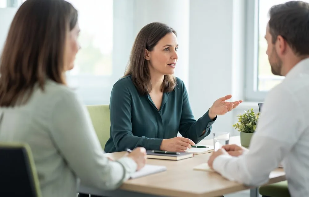 Drei Personen an einem hellen Besprechungstisch, in der Mitte eine dolmetschende Frau